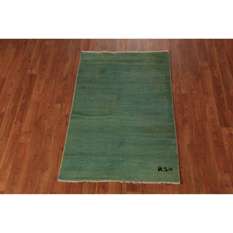 Green & Blue Gabbeh Rug Hand-Knotted Oriental Wool Carpet - 2'7" x 3'10"