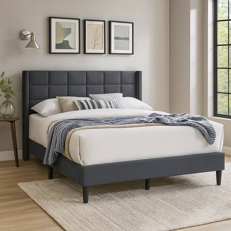 Zensa Full Bed, Charcoal Gray Linen Upholstery, Padded Wing Headboard
