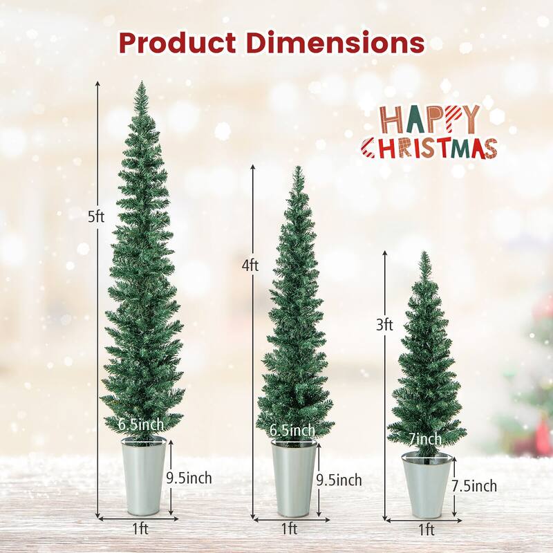 Gymax Potted Artificial Christmas Tree Set of 3 with 3/4/5 FT Faux