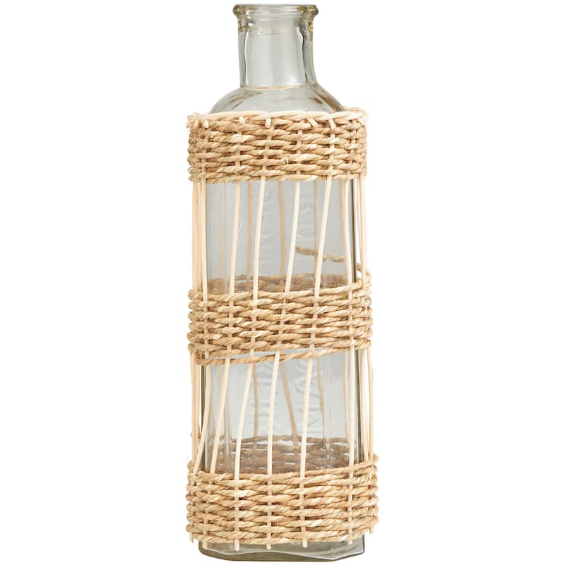 Handcrafted Clear Glass Vase with Light Brown Rattan Woven Body