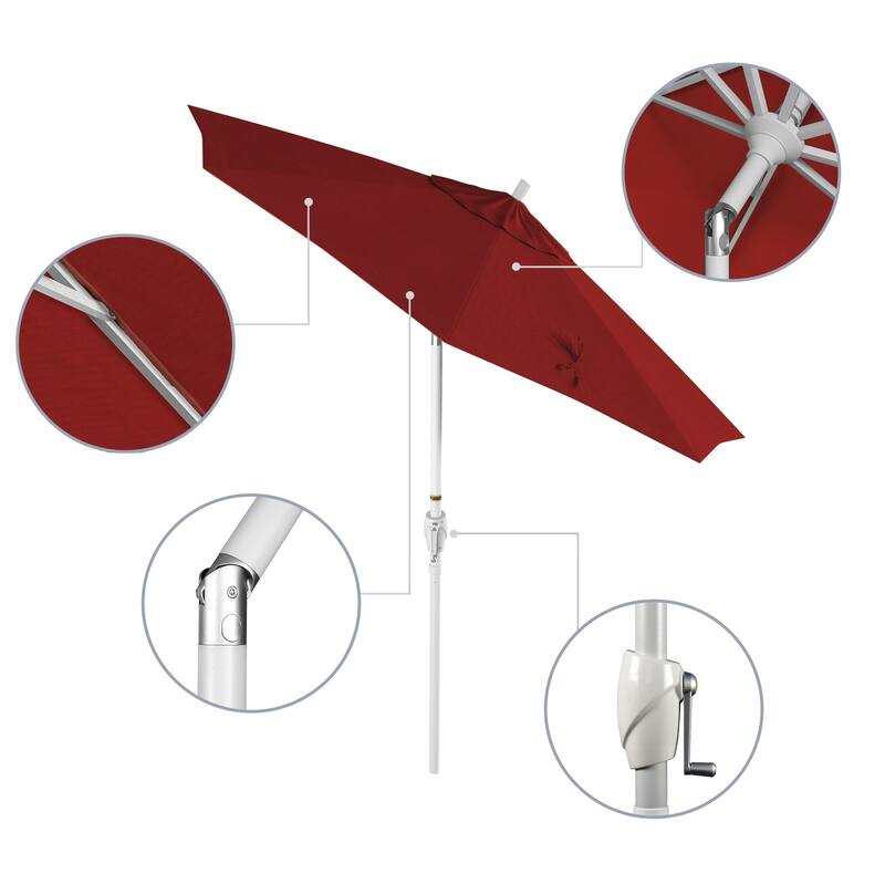 California Umbrella 7.5' Round Crank Lift, Push Button Tilt Aluminum Patio Umbrella, White Finish, Outdoor Rated Red Fabric