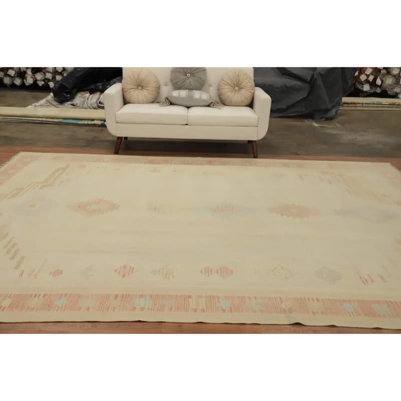 Hand Woven Oriental 100% Wool Carpet Southwestern Tribal Beige & Ivories Kilim Area Rug - 11' 11'' X 9' 0''