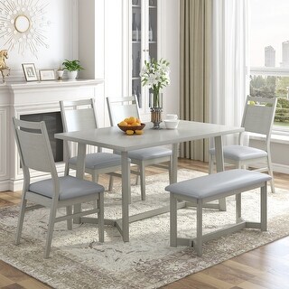 6-Piece Wood Rectangular Farmhouse Dining Table Set with 4 PU ...