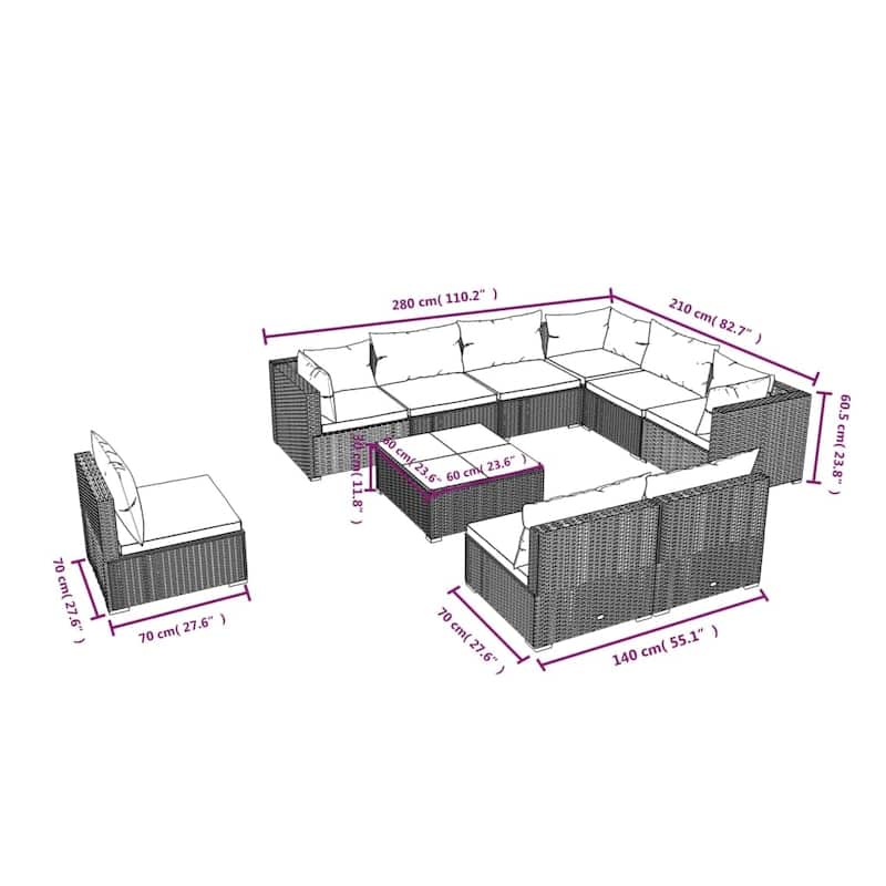 vidaXL Patio Lounge Set Outdoor Sectional Sofa Set Table Garden Poly Rattan - 27.6" x 27.6" x 23.8"