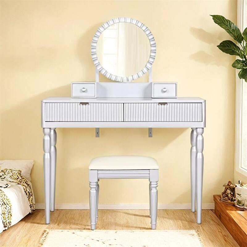 Luxury Vanity Desk w/Round Mirror,Height-Adjustable,Dressing Table Set