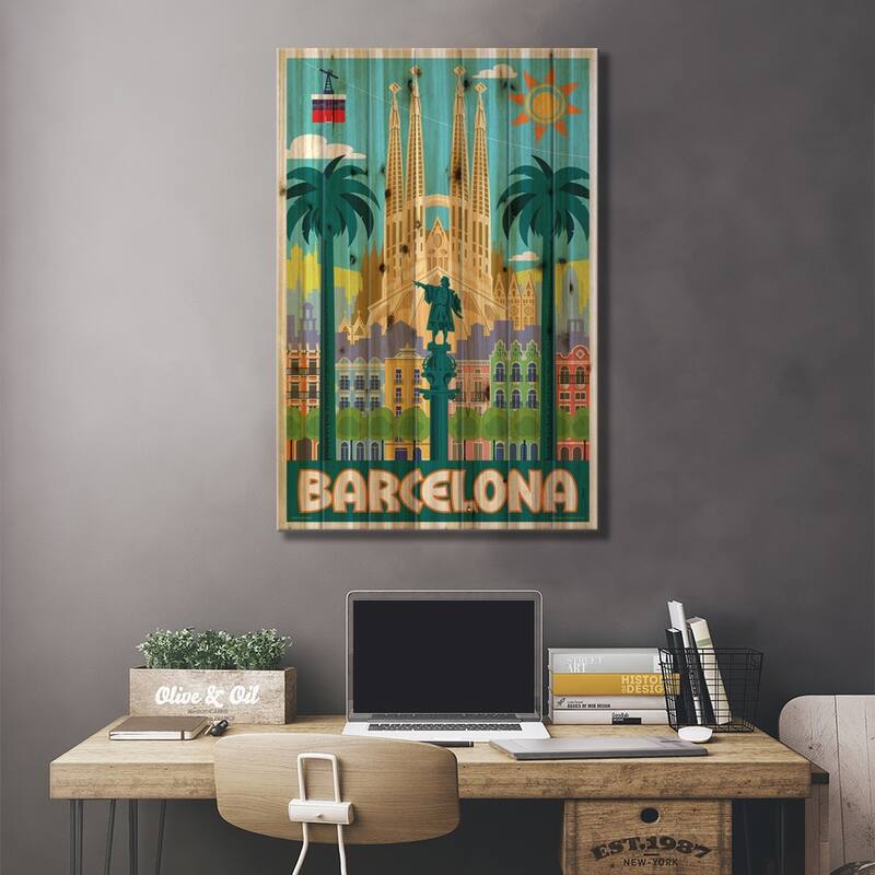 Barcelona Travel Poster Print On Wood by Jim Zahniser - Multi-Color