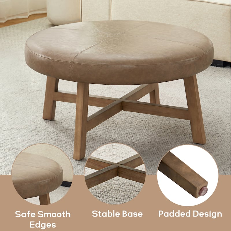 Round Upholstered Coffee Table with Solid Wood Base, Modern Fabric Ottoman Table for Living Room