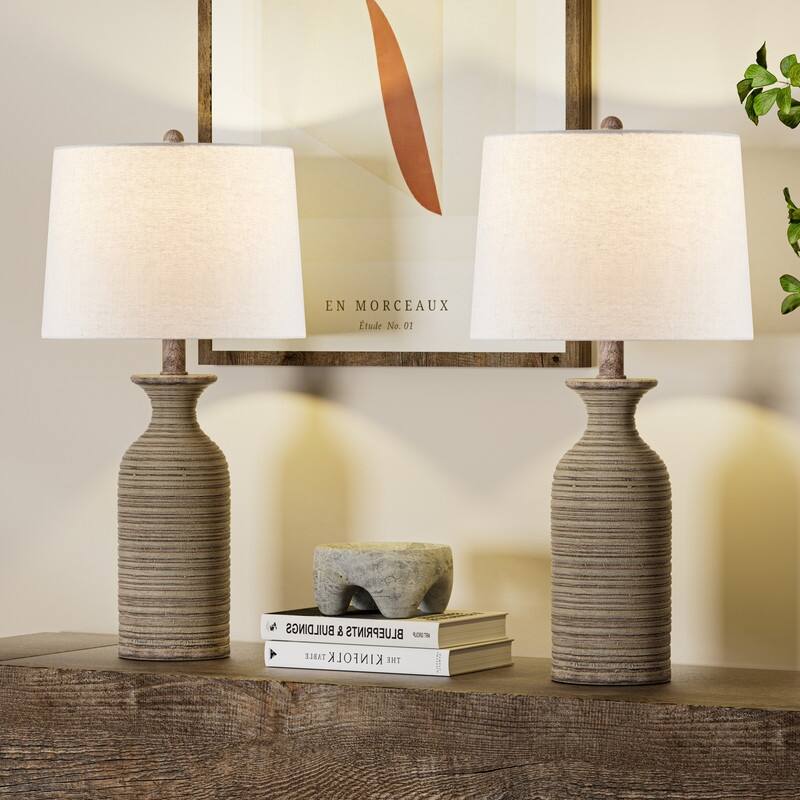 KAWOTI Farmhouse Resin Table Lamp with Drum Shade (Set of 2) - W12" x H23" - W12" x  H23"
