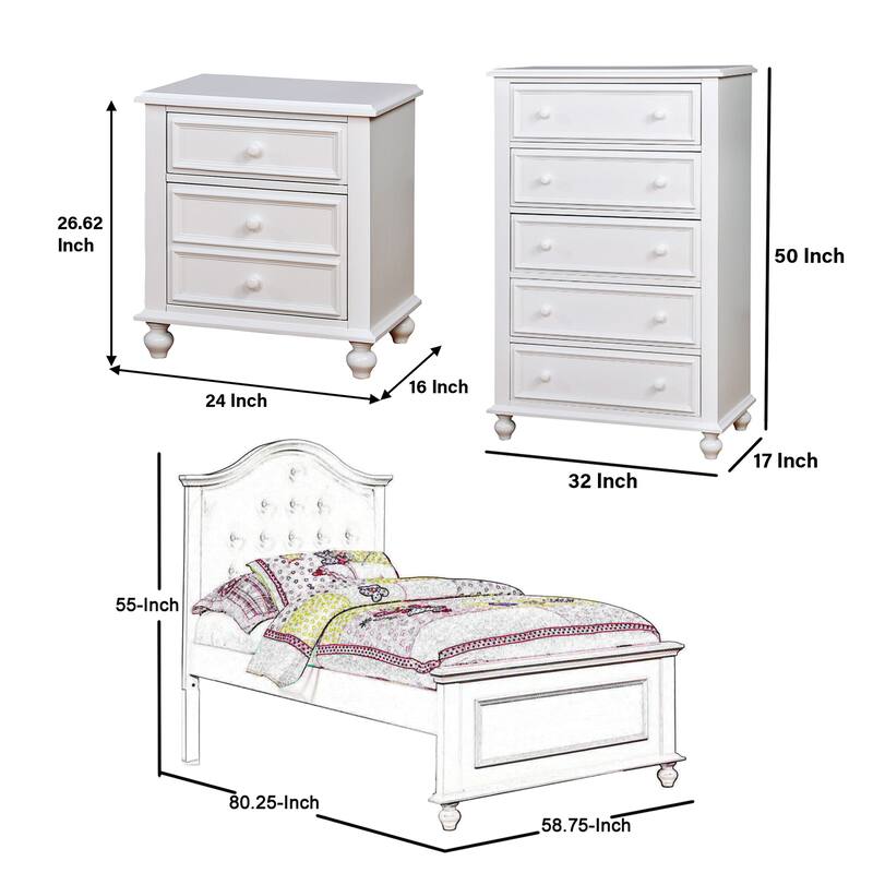 Aure 3 Pc Full Size Kids Bedroom Set, Curved Tufted Headboard, White