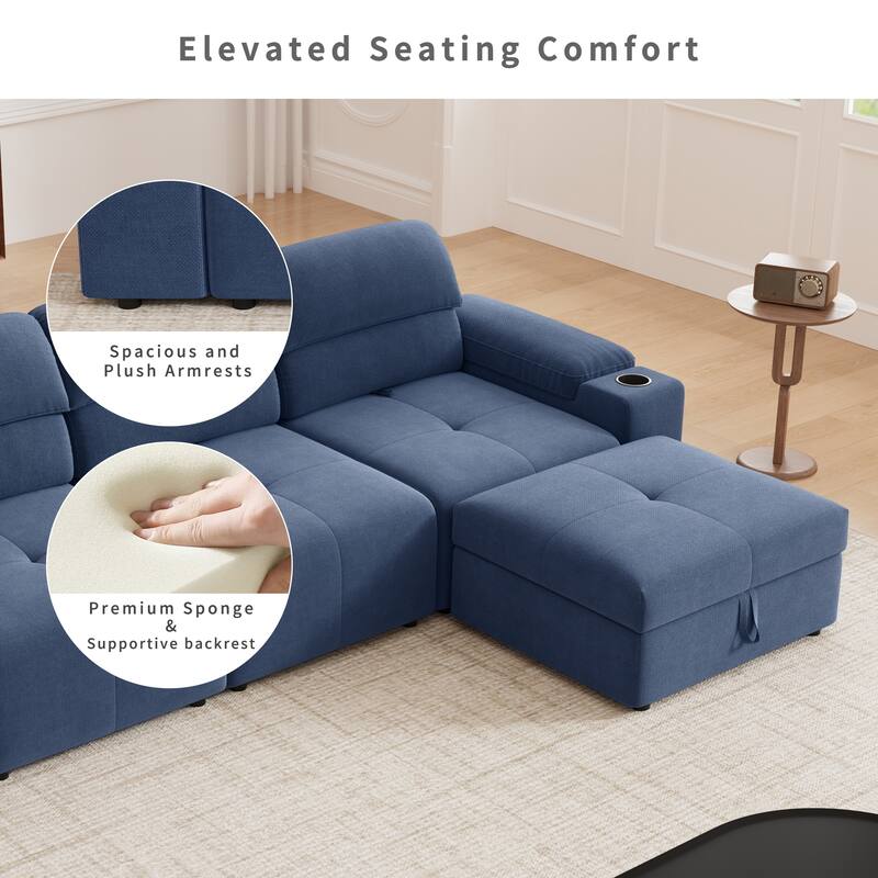 Down Filling Modular Deep Seat Couch L-shaped Sectional Sofa with Adjustable Backrest, Cup Holders, Storage Armrests and Ottoman