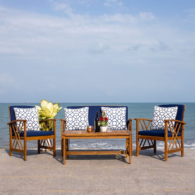 SAFAVIEH Outdoor Fontana 4-piece Acacia Wood Patio Conversation Set - Natural/ Navy with Mosaic Pillows