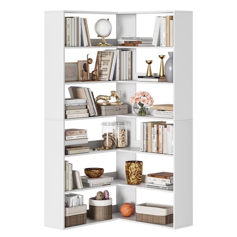 71 inches Corner Bookcase, 6-Tiers L-Shaped Bookshelf - White