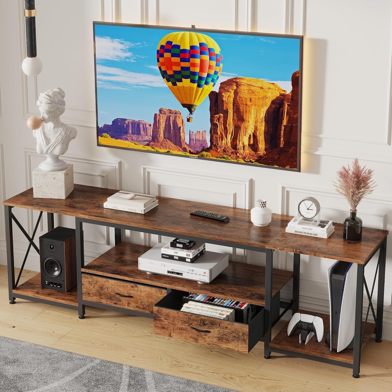 TV Stand with Fabric Drawers for 65-75" TV - Rustic Brown Entertainment Center with Open Storage Shelves