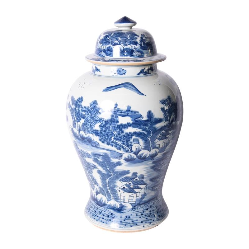 Blue & White Porcelain Temple Jar Landscape Motif - 13x13x22.5