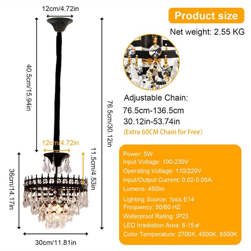 30/60CM Round Crystal Light Fixture with 3 Color Black Gold Crown Design Chandelier for Entryway, Living Room, Bedroom