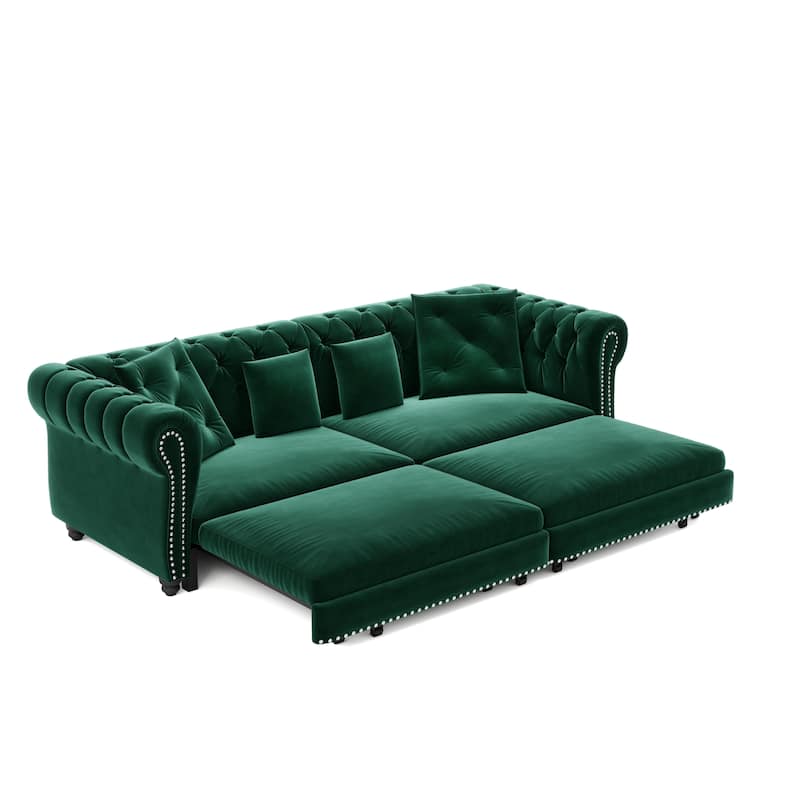 Oversized Chesterfield Loveseat Sofa, Convertible Pull Out Sleeper Sofabed Velvet Couch Bed w/Movable Ottoman and Nailhead Trim