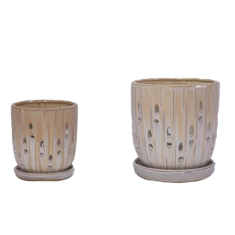 Glossy Reinforced Ceramic Planters Indoor/Outdoor Decorate (Set of 2) - Brown + Antique White