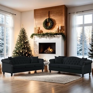 Contemporary 79" Chesterfield Sofa Black Velvet, 3 Seater Sofa Tufted ...