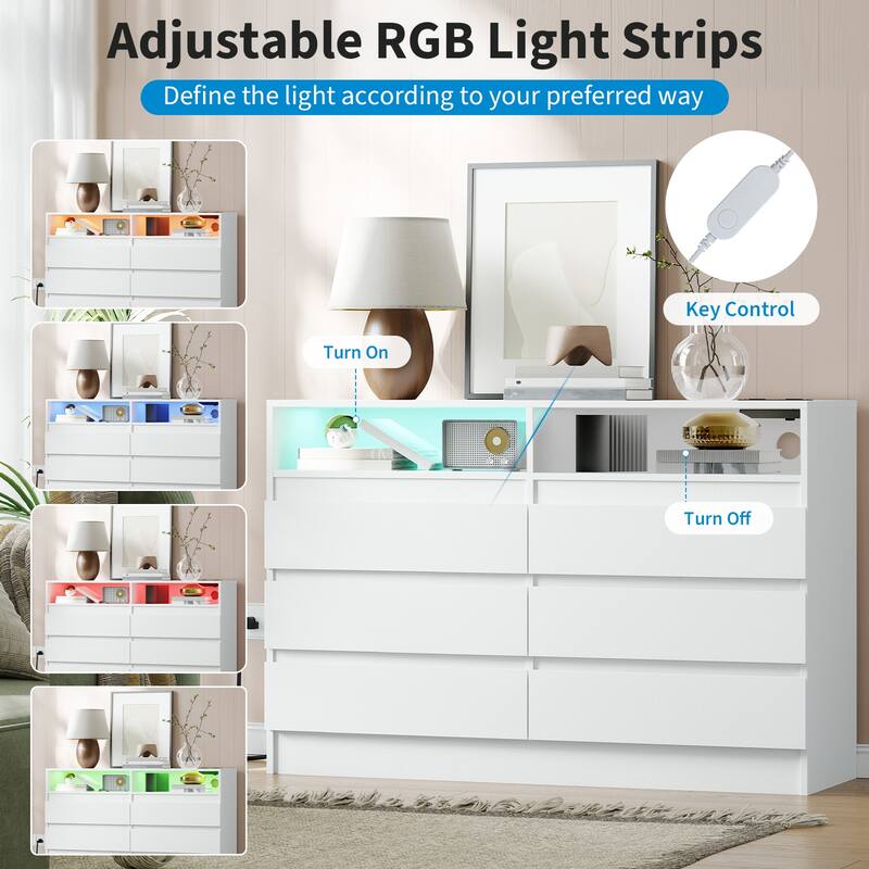Modern 6-Drawer Dresser with LED Lights and Power Outlet, Storage Chest with Charging Station