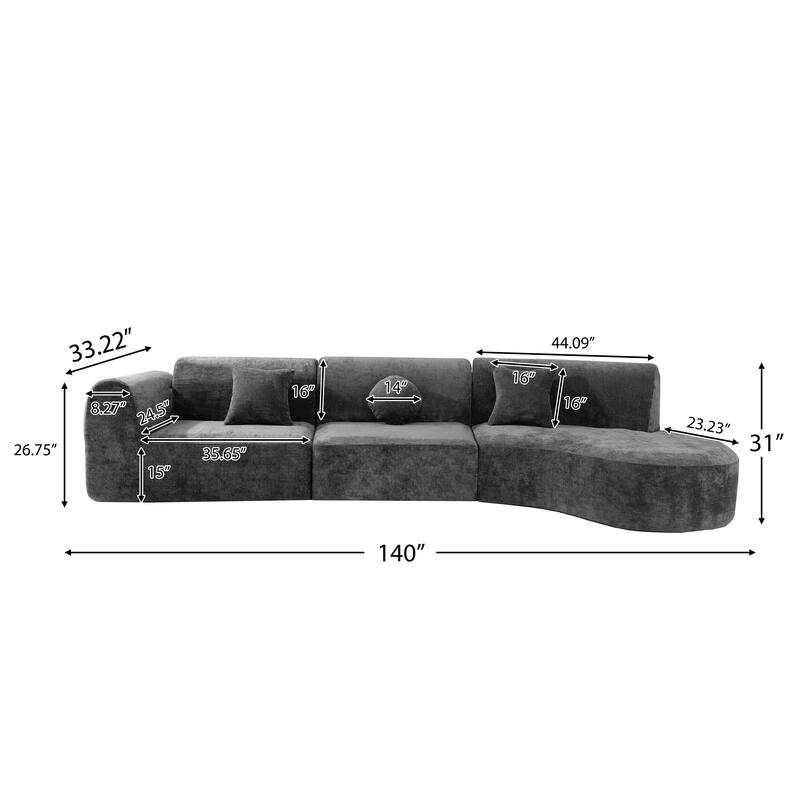 140" Polyester Curved Sectional Sofa - 3-Piece Set with Chaise Lounge (High-Density Foam, Fully Assembled)