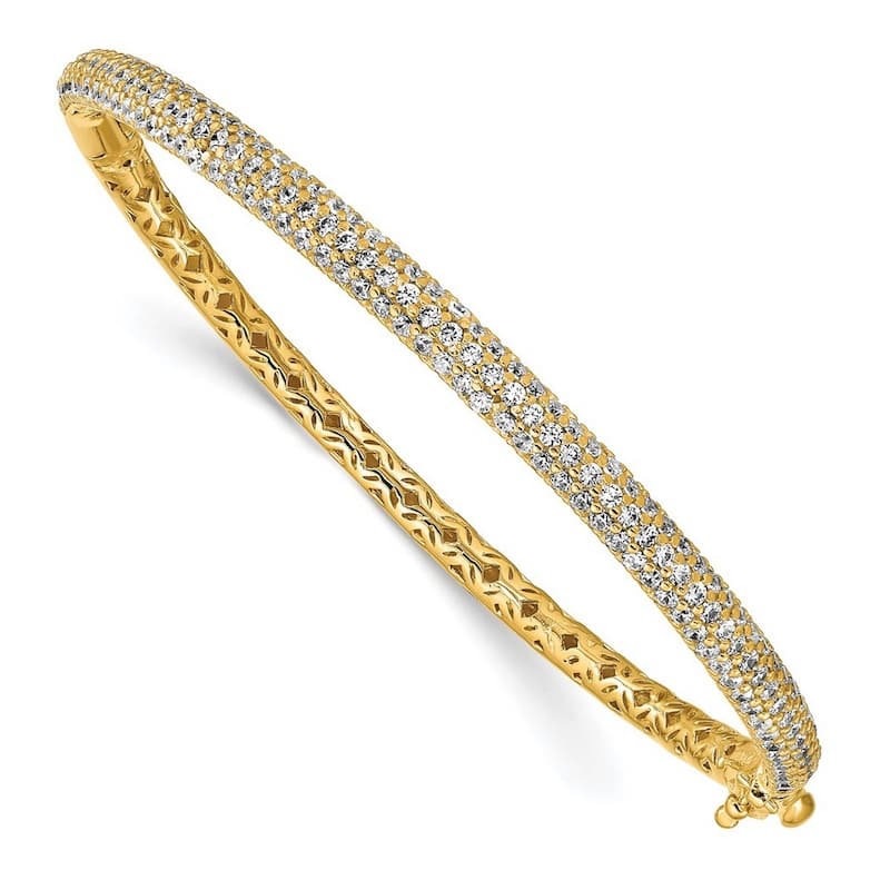 Curata 925 Sterling Silver Polished Prong set Gold Plated With CZ Cubic Zirconia Simulated Diamond Hinged Cuff Stackable Bangle