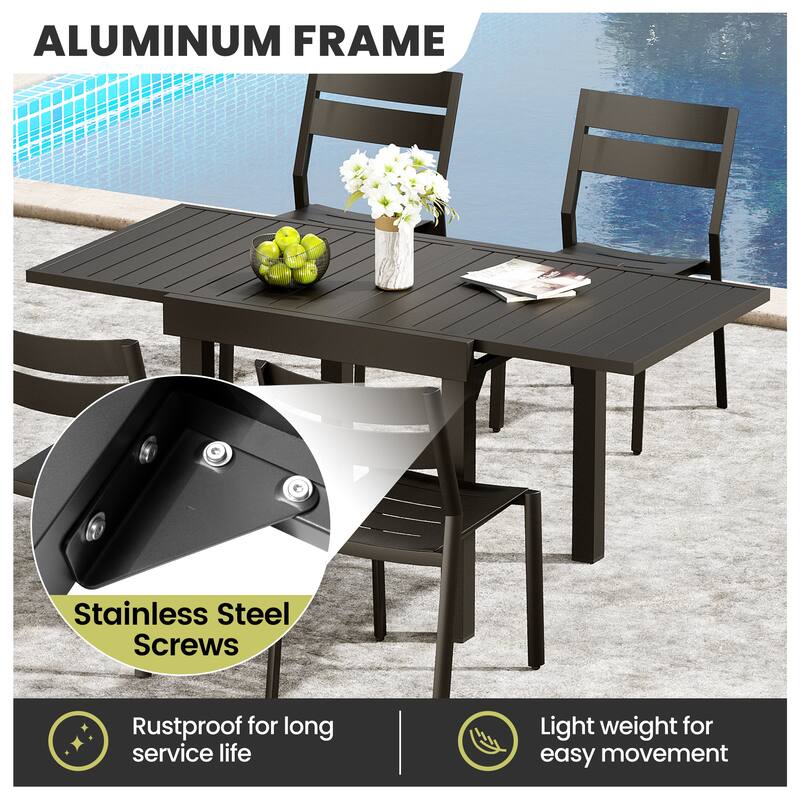 5/7/11-piece Set Outdoor Aluminum Extendable Patio Dining Table with Stackable Chairs