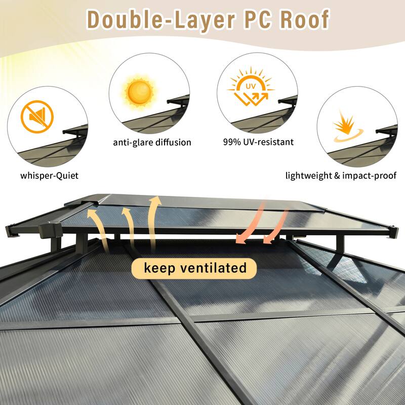 10'x12' Hardtop Outdoor Gazebo, Heavy Duty Double Roof Patio Gazebo with Aluminum Frame, Double-Layer Side Walls