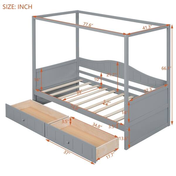 dimension image slide 0 of 2, Pine Wood Twin Size Canopy Day Bed Frame with 2 Drawers and Built-in Backrest, Modern Platform Bed Frame for Kids, Teens