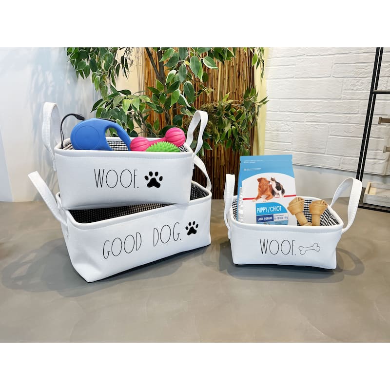 Rae Dunn Set of 3 Pet Storage Baskets - GOOD DOG. WOOF. WOOF. - White