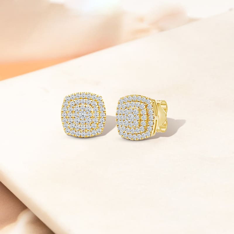 IGI Certified 1/2ct TDW Diamond Cluster Double Halo Stud Earrings in 14K Yellow Gold for Women