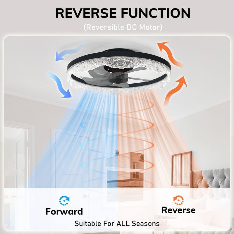 Crystal Flush Mount Ceiling Fan With Light And Remote, Black Ceiling Fan For Bedroom, Living Room