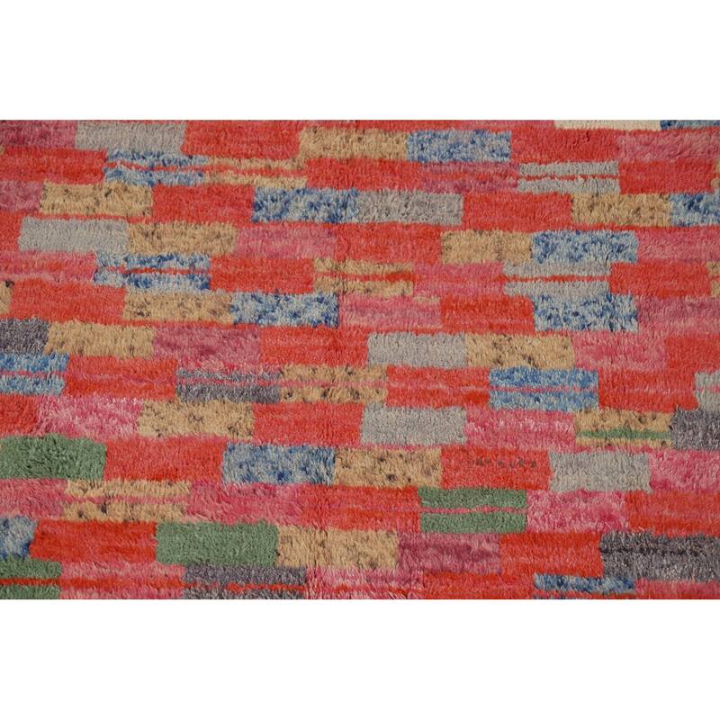 Checkered Moroccan Area Rug Handmade Orange Wool Carpet - 7'1" x 10'0"