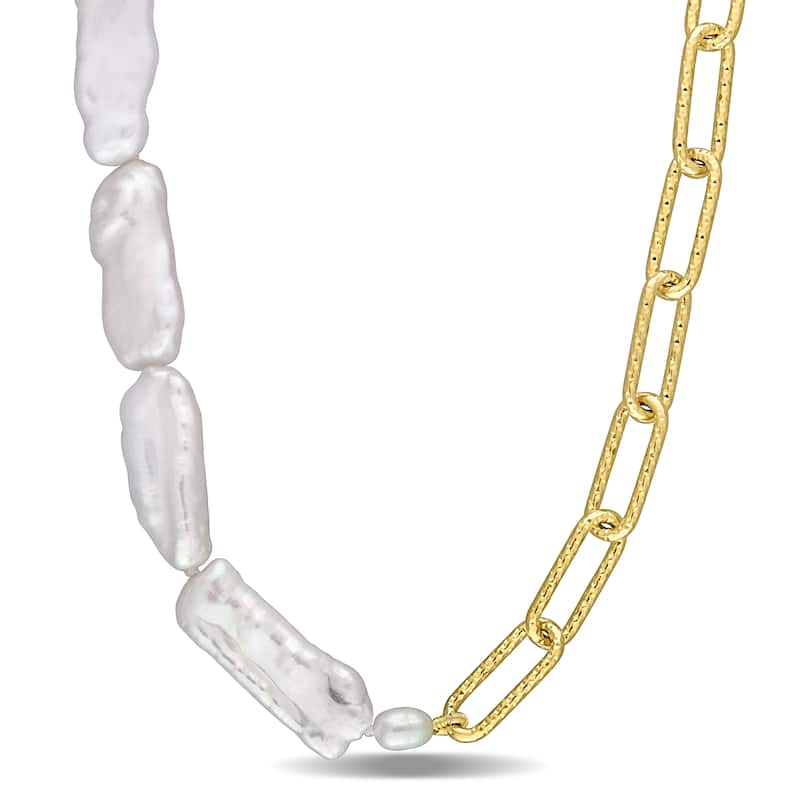 Miadora Freshwater Keshi Pearl Half & Half Link Necklace in 18k Yellow Gold Plated Sterling Silver