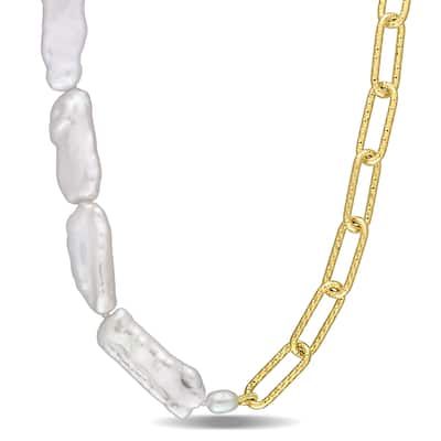 Miadora Freshwater Keshi Pearl Half & Half Link Necklace in 18k Yellow Gold Plated Sterling Silver