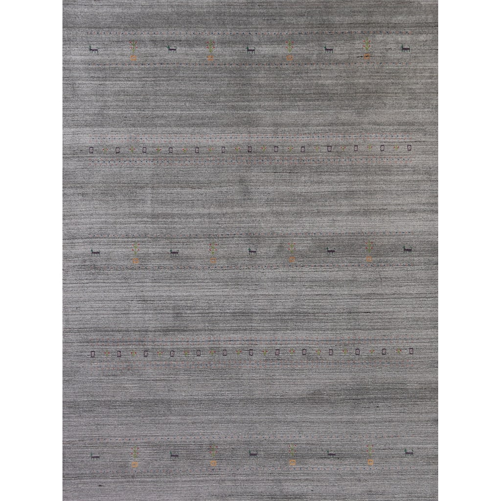 Hand Knotted Oriental 100% Wool Carpet Tribal Animal Pictorial Greys & Charcoal Gabbeh Area Rug - 9' 6'' X 7' 10''