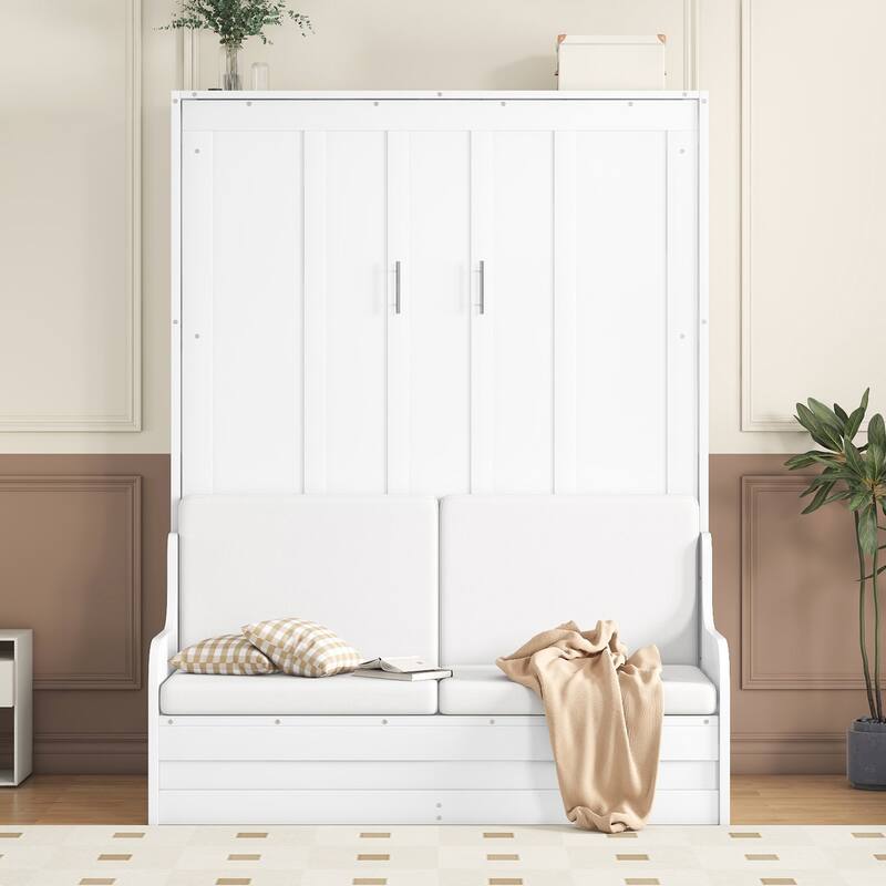 Queen Size Wall Bed with Fold-Out Cushion Seat, Storage Cabinet Design, and Space-Saving Folding Mechanism