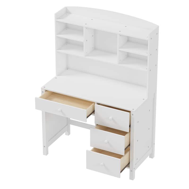 40"Home Executive Desk and Upholstered Chair Set with Bookshelf, Computer Desk with Four Drawers, Storage Shelf, and Chair