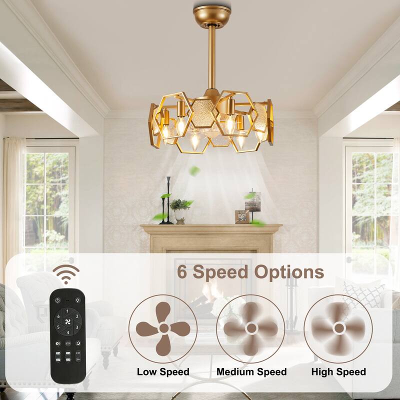 CurveCurio 20" Chandelier Ceiling Fan w Textured Glass Accent, 6 Lights Quiet DC Motor 6 Speed w Remote Control