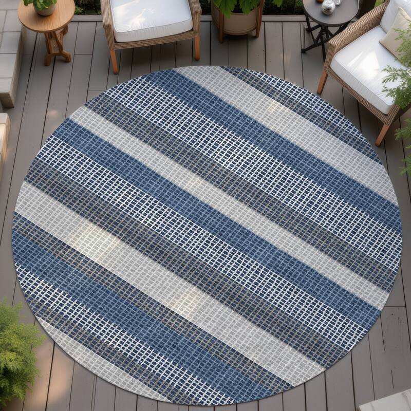 Machine Washable Indoor/ Outdoor Cabana Stripe Chantille Rug - Navy - 8' x 8'