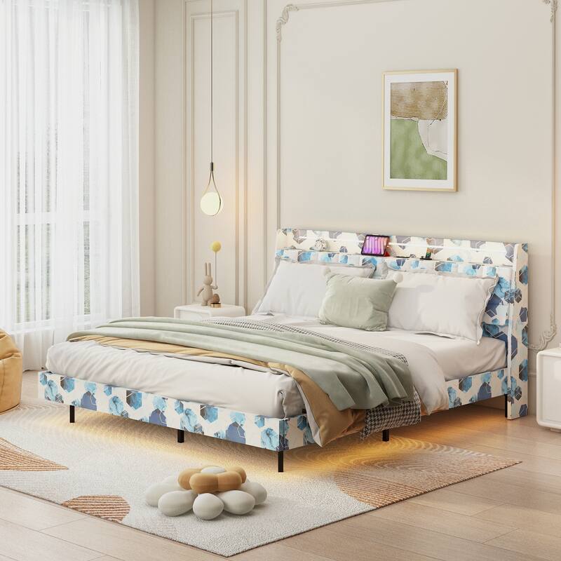 King Size Floating Bed Frame with LED Lighting, USB Ports, & Storage Headboard, No Box Spring Needed