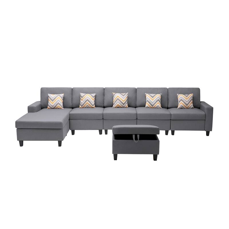 Linen Fabric 6 Piece Reversible Sectional Sofa Chaise with Interchangeable Legs, Pillows and Storage Ottoman in Grey