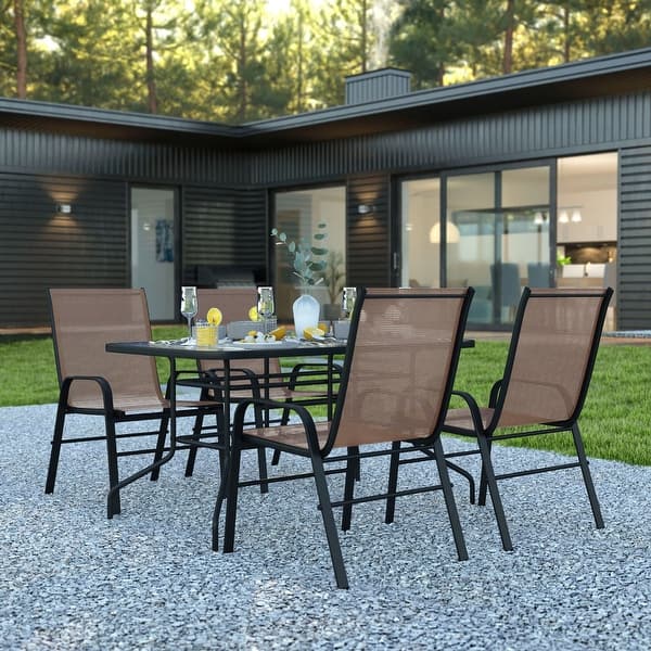 slide 2 of 12, 5 Piece Patio Dining Set - Glass Table, 4 Flex Stack Chairs Brown