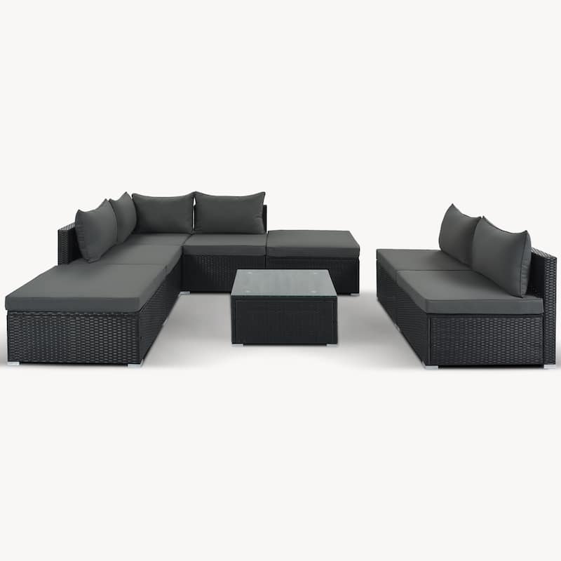 Contemporary 8-Piece Outdoor Patio Furniture Set with Tempered Glass Table