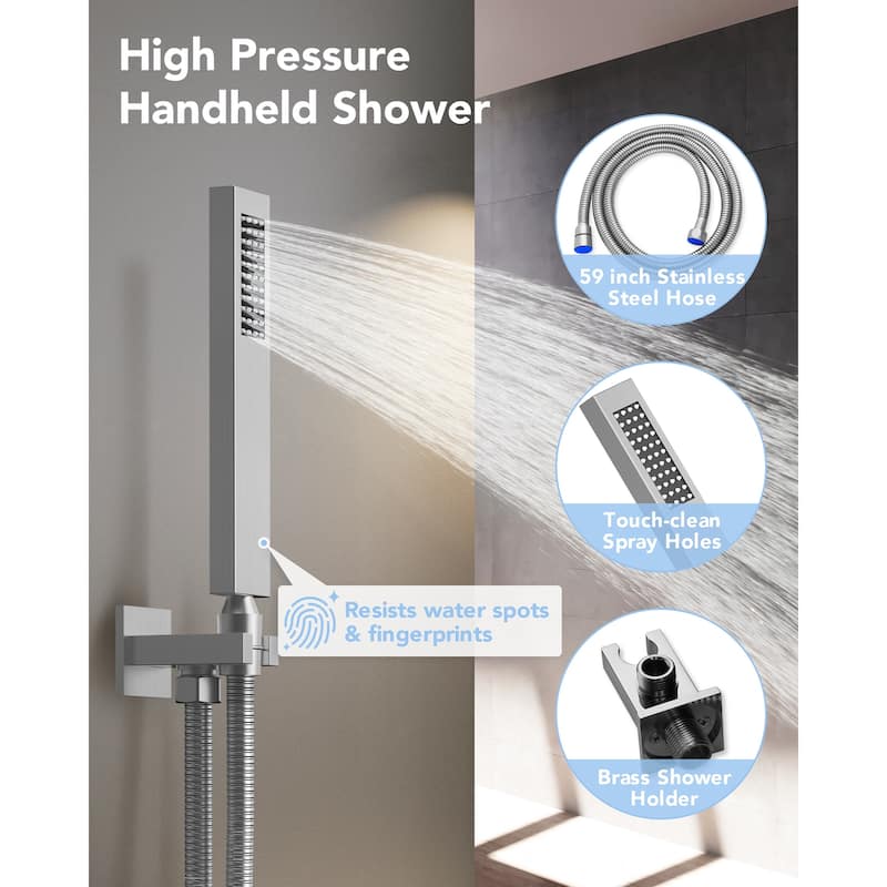 Wall-Mounted Shower Fixture System 12 in Rain Shower Head LCD Digital Thermostatic Valve Shower Faucet Set with 3 Body Jets