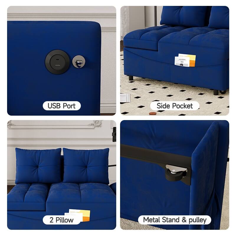 27.56" Velvet 2-Seater Sleeper Sofa Chair with USB Ports, Reclining Angles And Storage