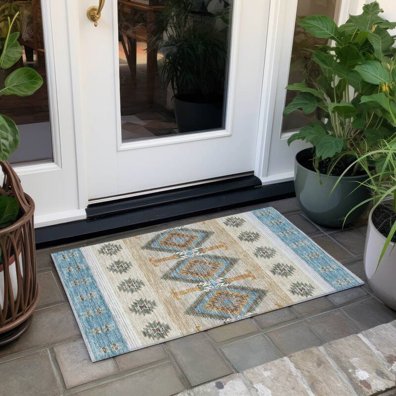 Machine Washable Indoor/ Outdoor Global Chennai Chantille Rug - Teal - 1'8" x 2'6"