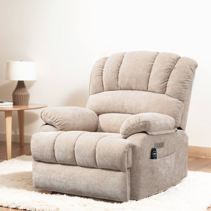 Chenille Large Electric Power Lift Massage & Heat, USB Port,Pockets - Beige
