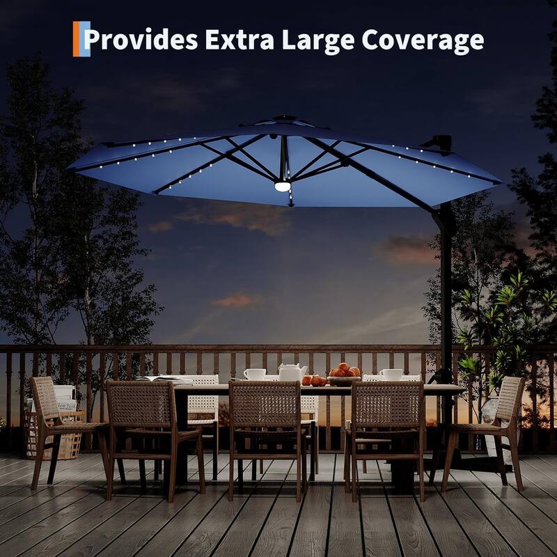 10FT Cantilever Patio Umbrella with Solar Lights, 360° Rotation Offset Umbrella
