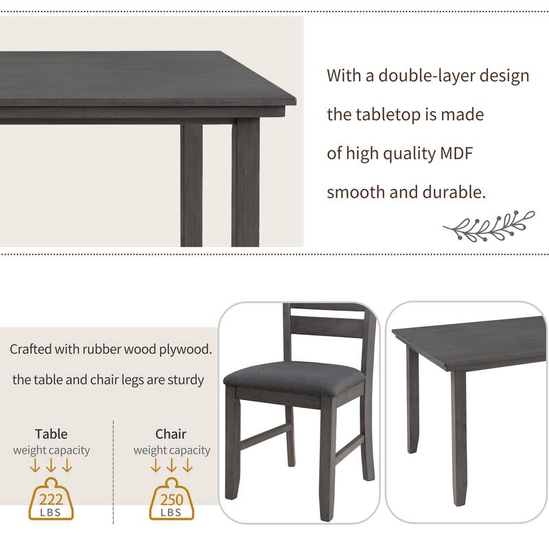 Dining Room Table and Chairs with Bench, Rustic Wood Dining Set, Set of 6 - Grey