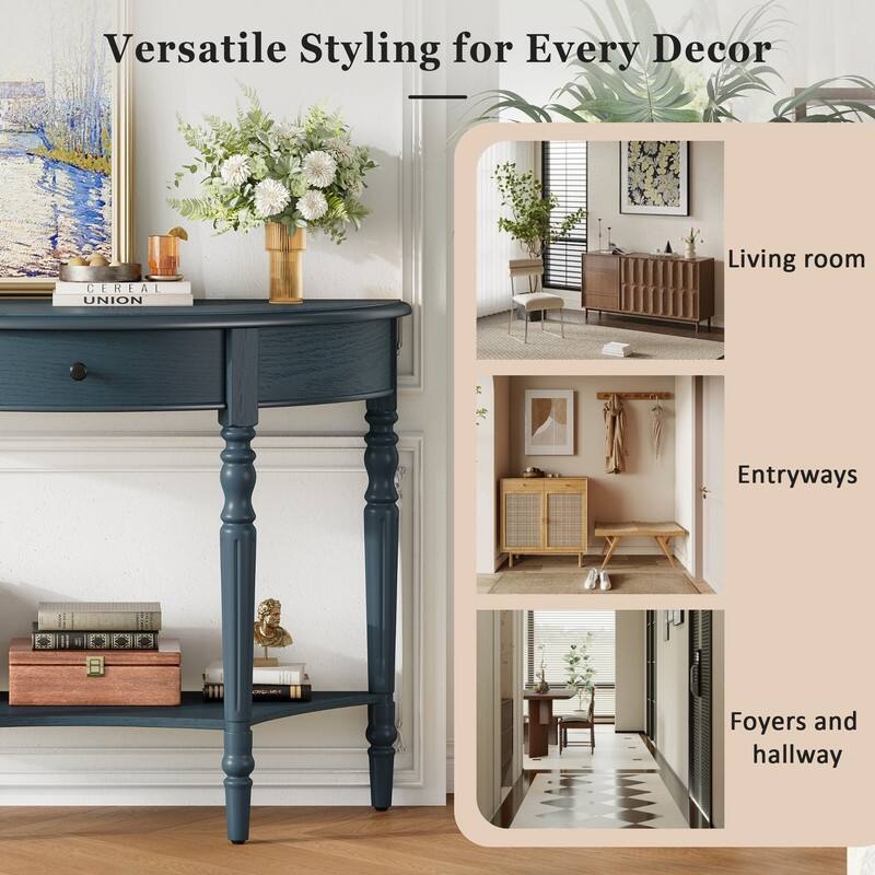 Farmhouse Half Moon Console Table with Drawer and Shelf for Entryway and Living Room Decor